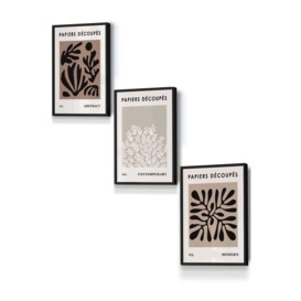 Set of 3 Black Framed Matisse Style Floral Cut Out Brown & Black Wall Art
