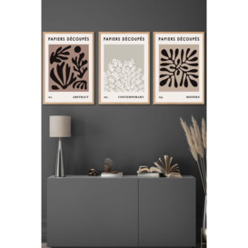 Set of 3 Oak Framed Matisse Style Floral Cut Out Brown & Black Wall Art