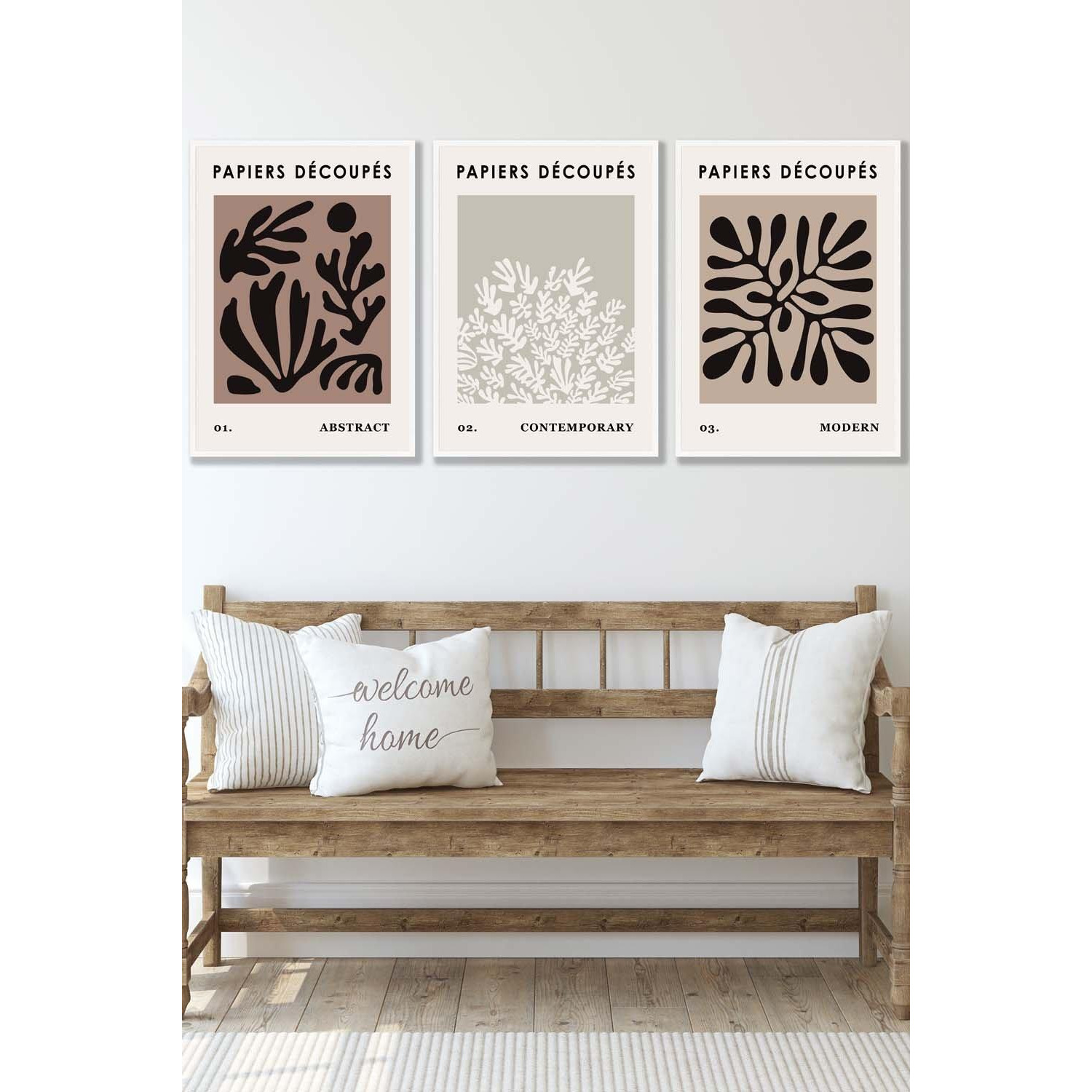 Set of 3 White Framed Matisse Style Floral Cut Out Brown & Black Wall Art - image 1