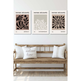 Set of 3 White Framed Matisse Style Floral Cut Out Brown & Black Wall Art - thumbnail 1