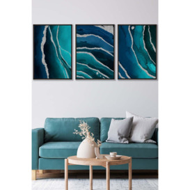Abstract Teal Blue Silver Strokes Framed Wall Art - Large