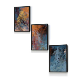 Set of 3 Black Framed Abstract Orange Blue Cerulean Dream Wall Art