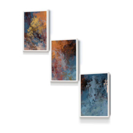 Set of 3 White Framed Abstract Orange Blue Cerulean Dream Wall Art