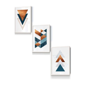 Set of 3 White Framed Mid Century Teal Orange Abstract Geometric Wall Art