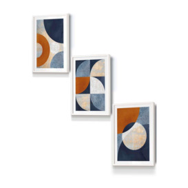 Geometric Abstract Textured Circles in Navy Blue Orange Gold Framed Wall Art - Small