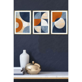 Geometric Abstract Textured Circles in Navy Blue Orange Gold Framed Wall Art - Medium