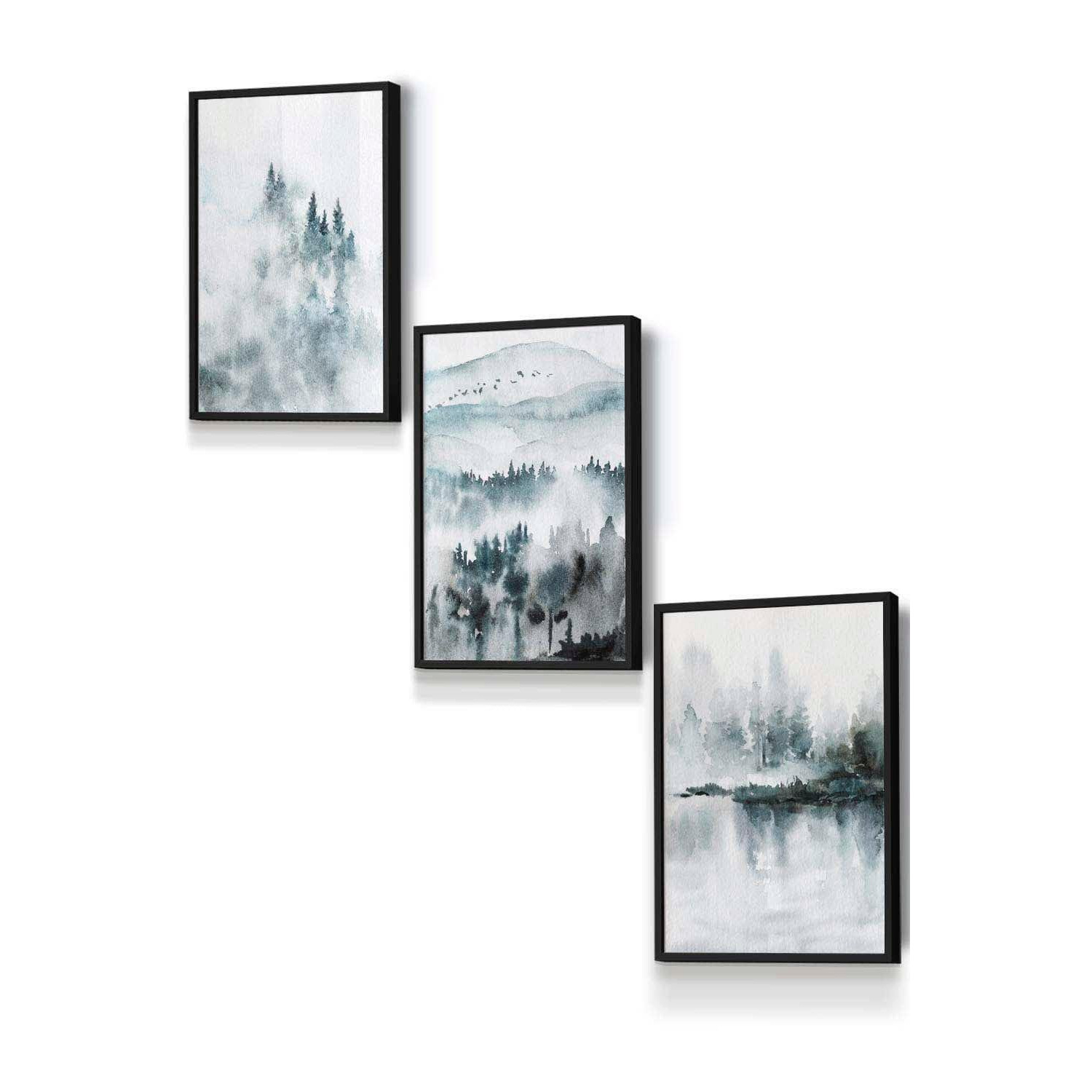 Set of 3 Black Framed Teal Blue Abstract Forest Lake Wall Art - image 1