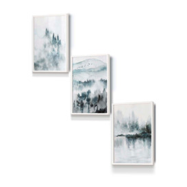 Set of 3 White Framed Teal Blue Abstract Forest Lake Wall Art