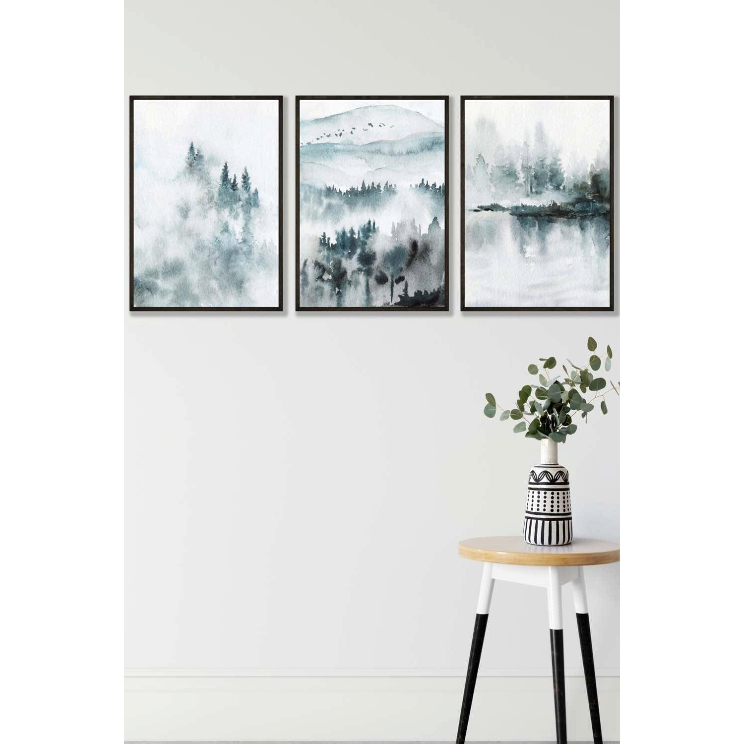 Set of 3 Black Framed Teal Blue Abstract Forest Lake Wall Art - image 1
