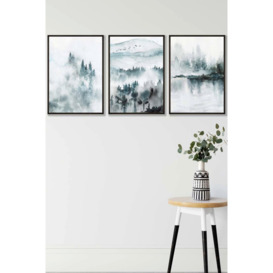 Set of 3 Black Framed Teal Blue Abstract Forest Lake Wall Art - thumbnail 1