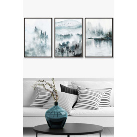 Set of 3 Black Framed Teal Blue Abstract Forest Lake Wall Art
