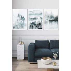 Set of 3 White Framed Teal Blue Abstract Forest Lake Wall Art