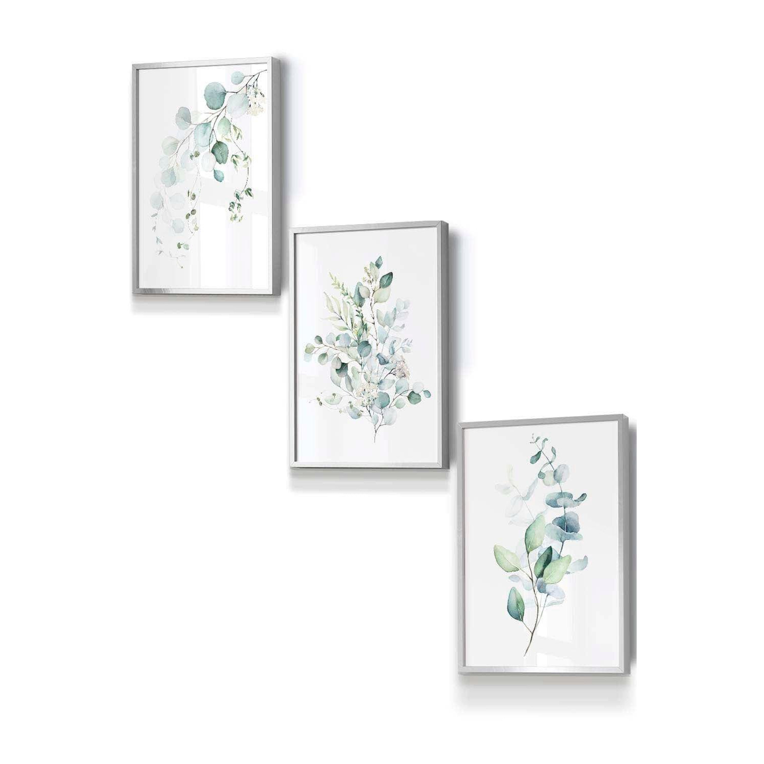 Set of 3 Silver Framed Green Blue Watercolour Eucalyptus Set 3 Wall Art - image 1