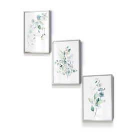 Set of 3 Silver Framed Green Blue Watercolour Eucalyptus Set 3 Wall Art