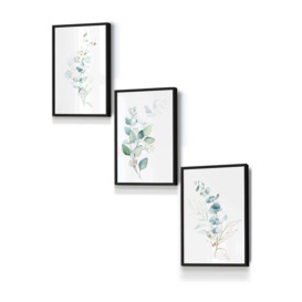 Set of 3 Black Framed Green Blue Watercolour Eucalyptus Set 2 Wall Art