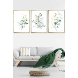 Set of 3 Gold Framed Green Blue Watercolour Eucalyptus Set 1 Wall Art