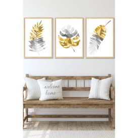 Geometric Tropical Leaves In Yellow Grey Framed Wall Art - Large