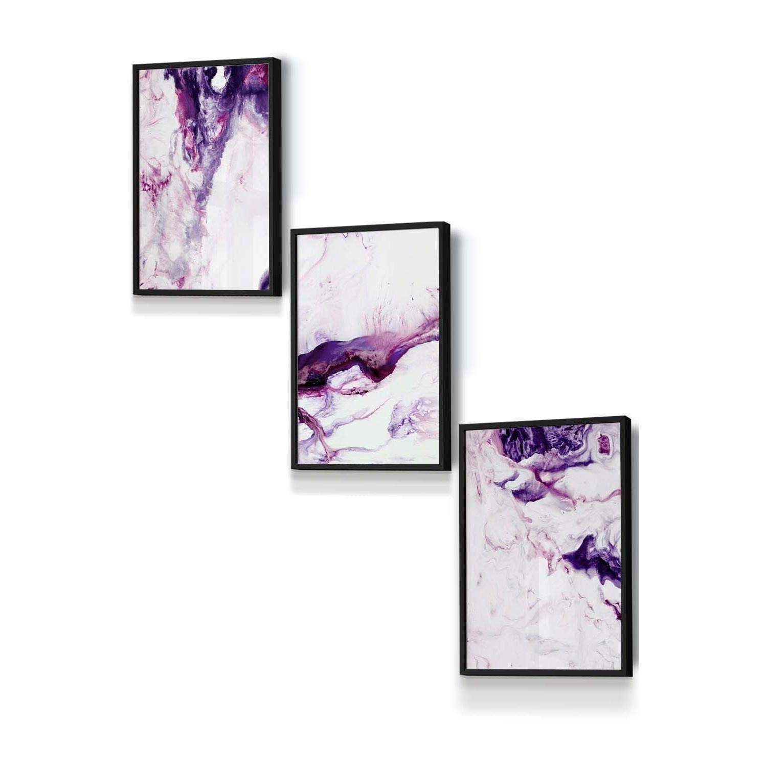 Set of 3 Black Framed Purple Pink Abstract Ocean Waves Wall Art - image 1