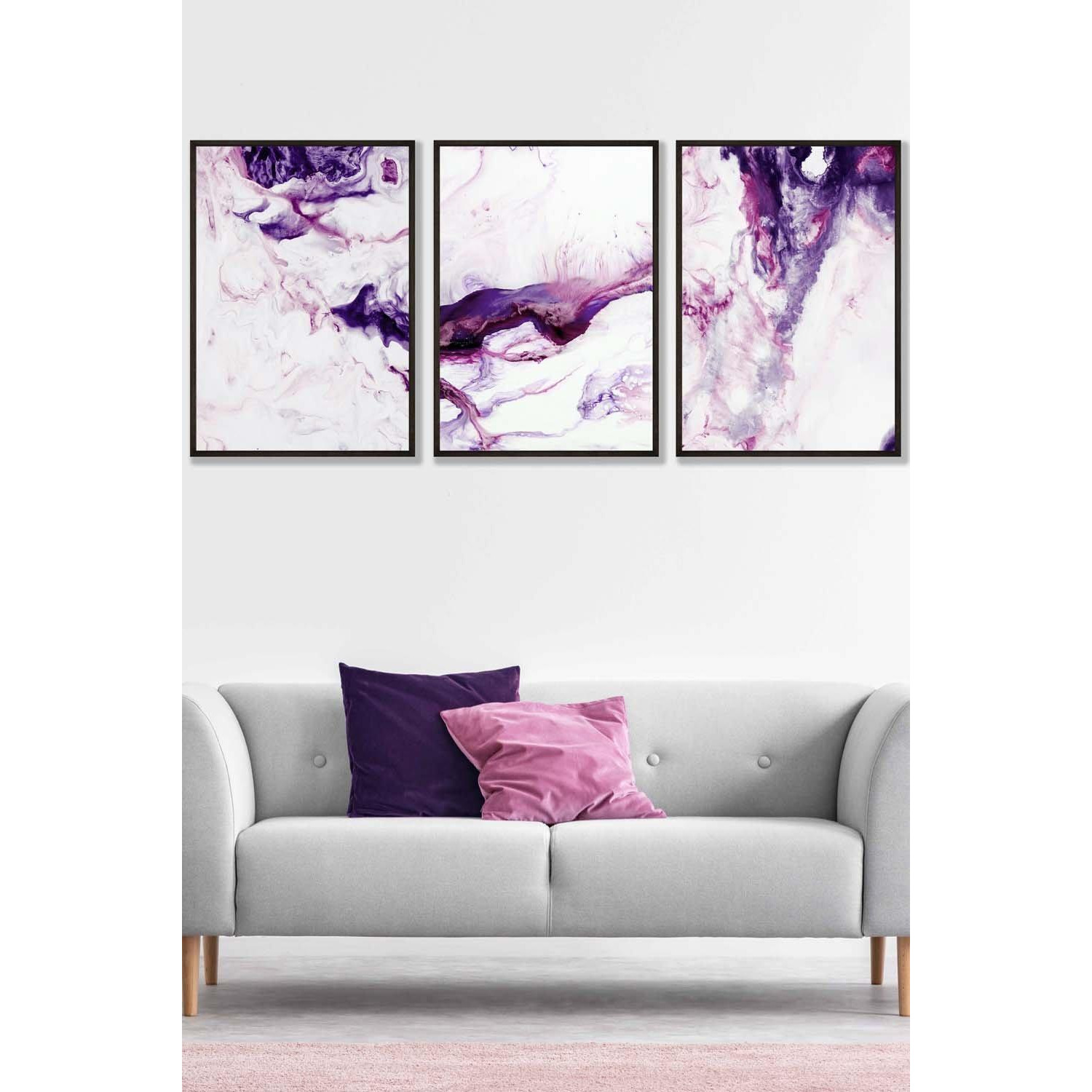 Set of 3 Black Framed Purple Pink Abstract Ocean Waves Wall Art - image 1