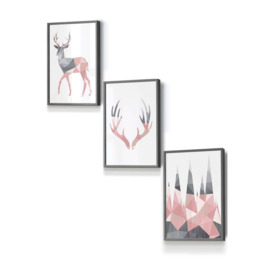 Geometric Blush Pink Grey Stags Set Framed Wall Art - Small