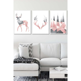 Geometric Blush Pink Grey Stags Set Framed Wall Art - Large