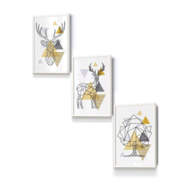 Geometric Line Art Yellow Stags Tree Set Framed Wall Art - Small