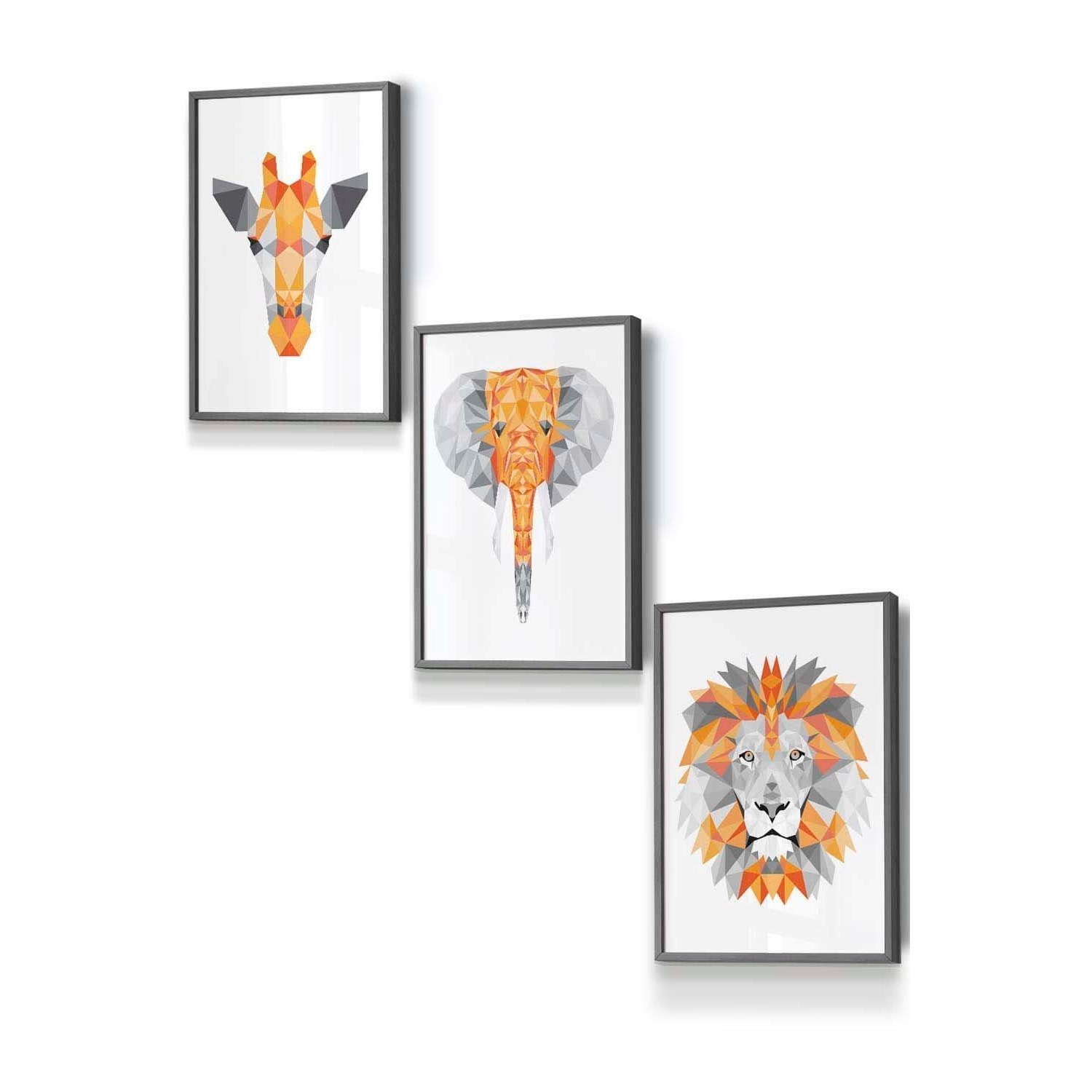 Set of 3 Dark Grey Framed Geometric Orange Grey Jungle Animal Heads Wall Art - image 1