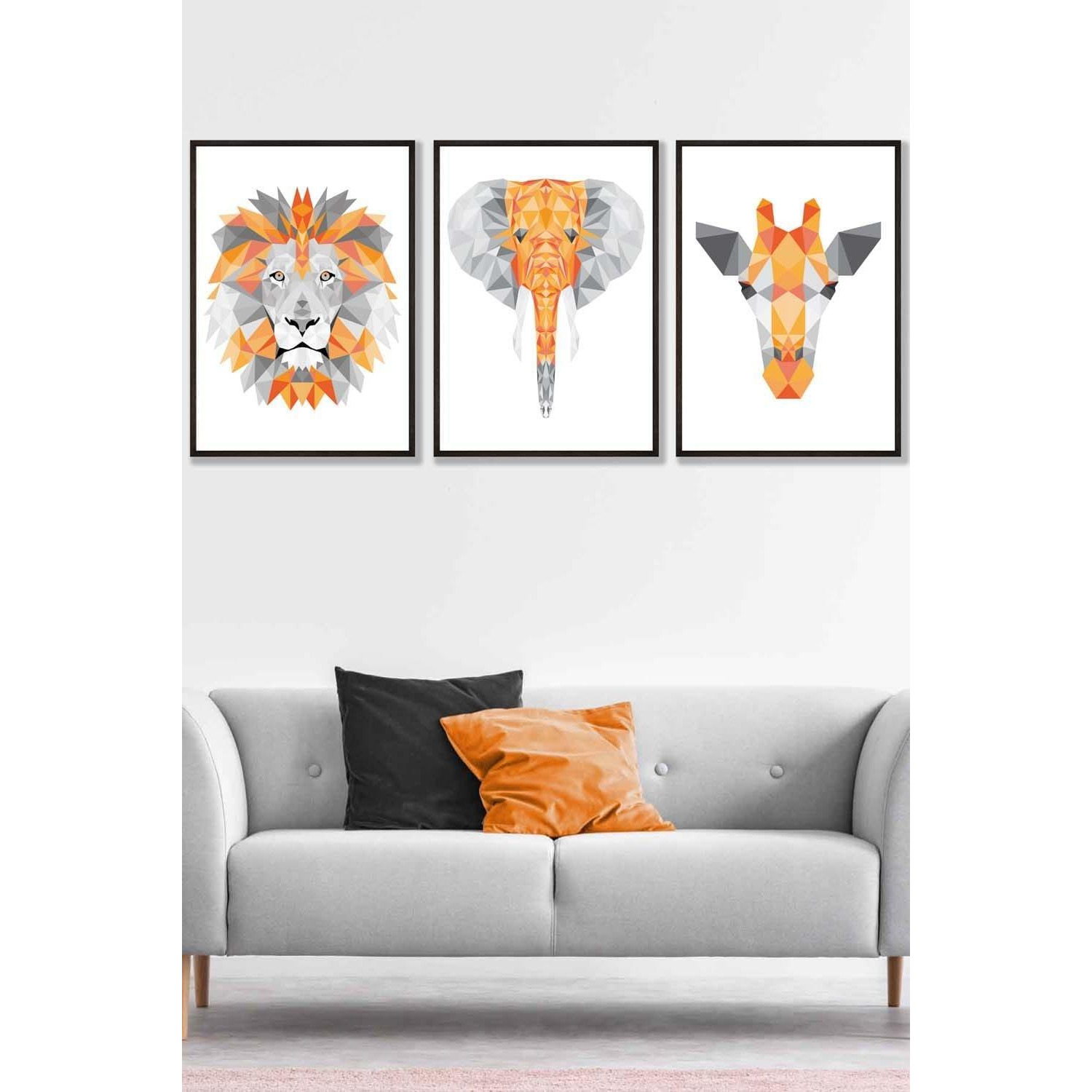 Set of 3 Black Framed Geometric Orange Grey Jungle Animal Heads Wall Art - image 1