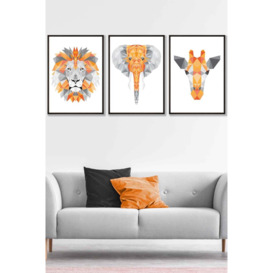 Set of 3 Black Framed Geometric Orange Grey Jungle Animal Heads Wall Art