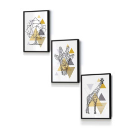 Geometric Line Art Yellow Giraffe Tree Set Framed Wall Art - Small