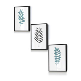 Graphical Blue Grey Leaves Framed Wall Art - Small