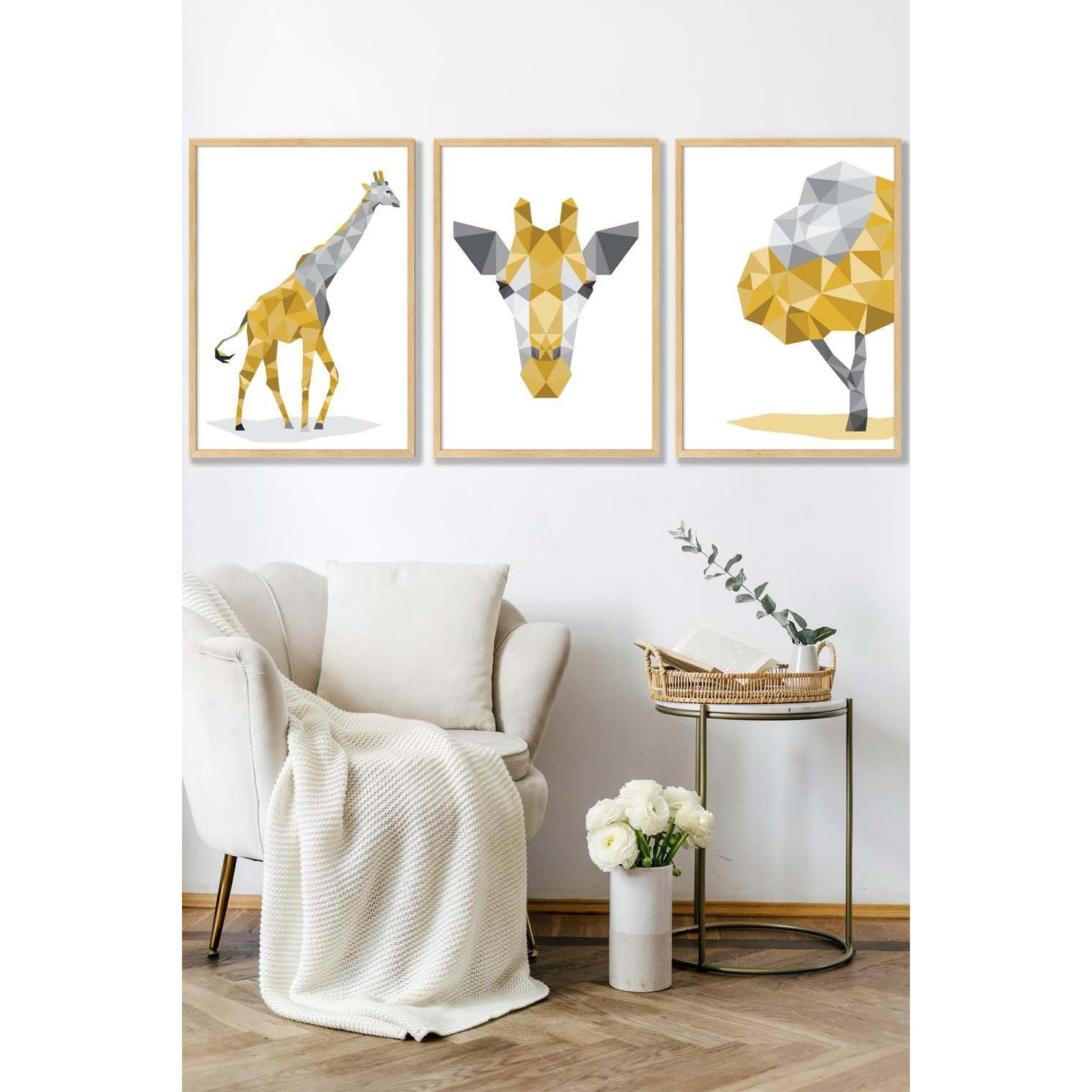Geometric Yellow Grey Giraffe Set Framed Wall Art - Large - image 1