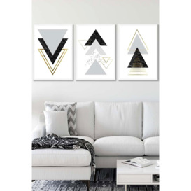 Black Grey Geometric Triangle Set Framed Wall Art - Large