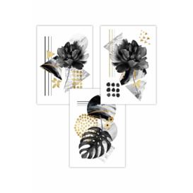Set of 3 Abstract Black and Gold Botanical Art Posters