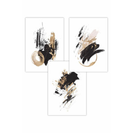 Set of 3  Abstract Black Ivory and Gold Oil Strokes Art Posters