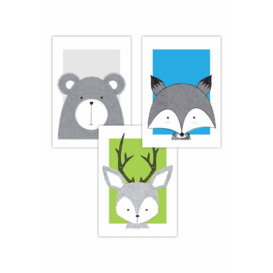 Set of 3 Nursery Scandi Sketch Forest Animals in Grey Blue Green Art Posters