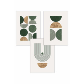 Set of 3 Mid Century Geometric in Green and Gold Art Posters