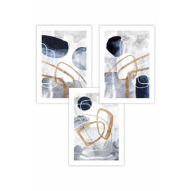 Set of 3 Abstract Navy Blue and Gold Watercolour Shapes Art Posters