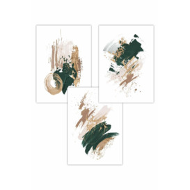 Set of 3 Abstract Green Beige and Gold Oil Strokes Art Posters