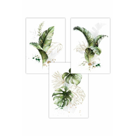 Set of 3 Green and Gold Botanical Leaves Art Posters