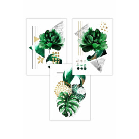 Set of 3 Abstract Green Gold Botanical Art Posters