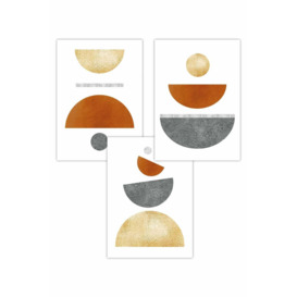 Set of 3 Orange, Gold and Grey Abstract Mid Century Geometric Art Posters