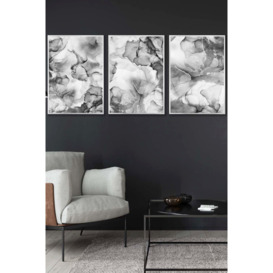 Set of 3 Silver Framed Abstract Floral Fluid in Grey Wall Art