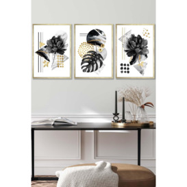 Set of 3 Gold Framed Abstract Black and Gold Botanical Wall Art