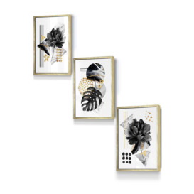 Set of 3 Gold Framed Abstract Black and Gold Botanical Wall Art