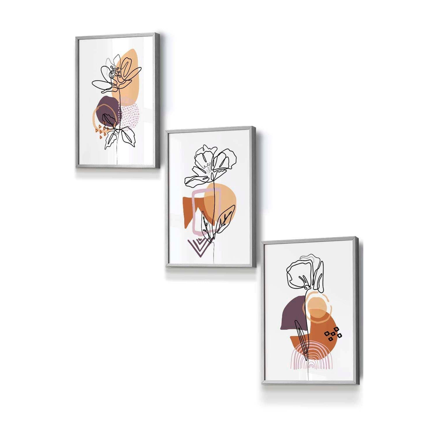 Set of 3 Light Grey Framed Line Art Flowers on Purple Orange Boho Shapes Wall Art - image 1