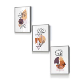Set of 3 Light Grey Framed Line Art Flowers on Purple Orange Boho Shapes Wall Art - thumbnail 1