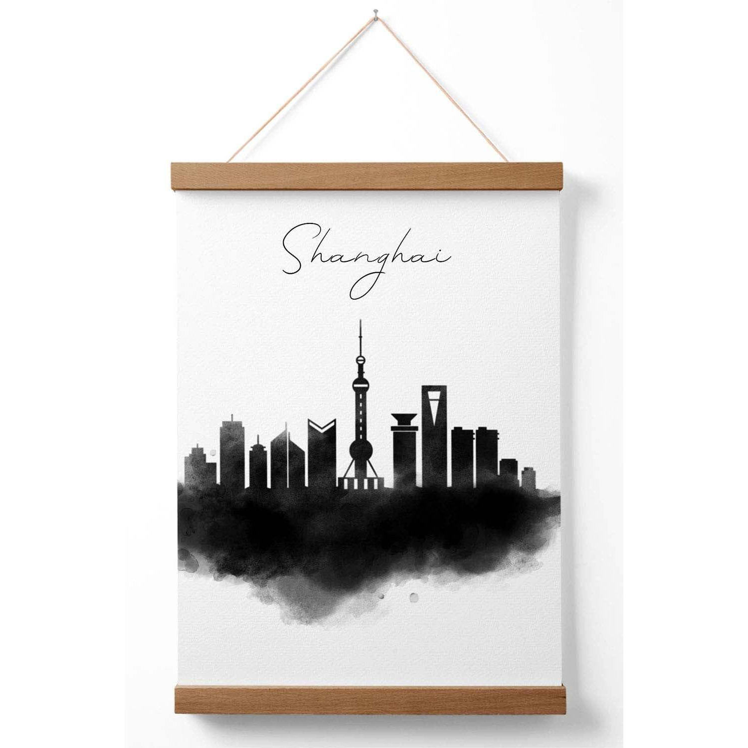 Shanghai Watercolour Skyline City Poster with Oak Hanger - image 1