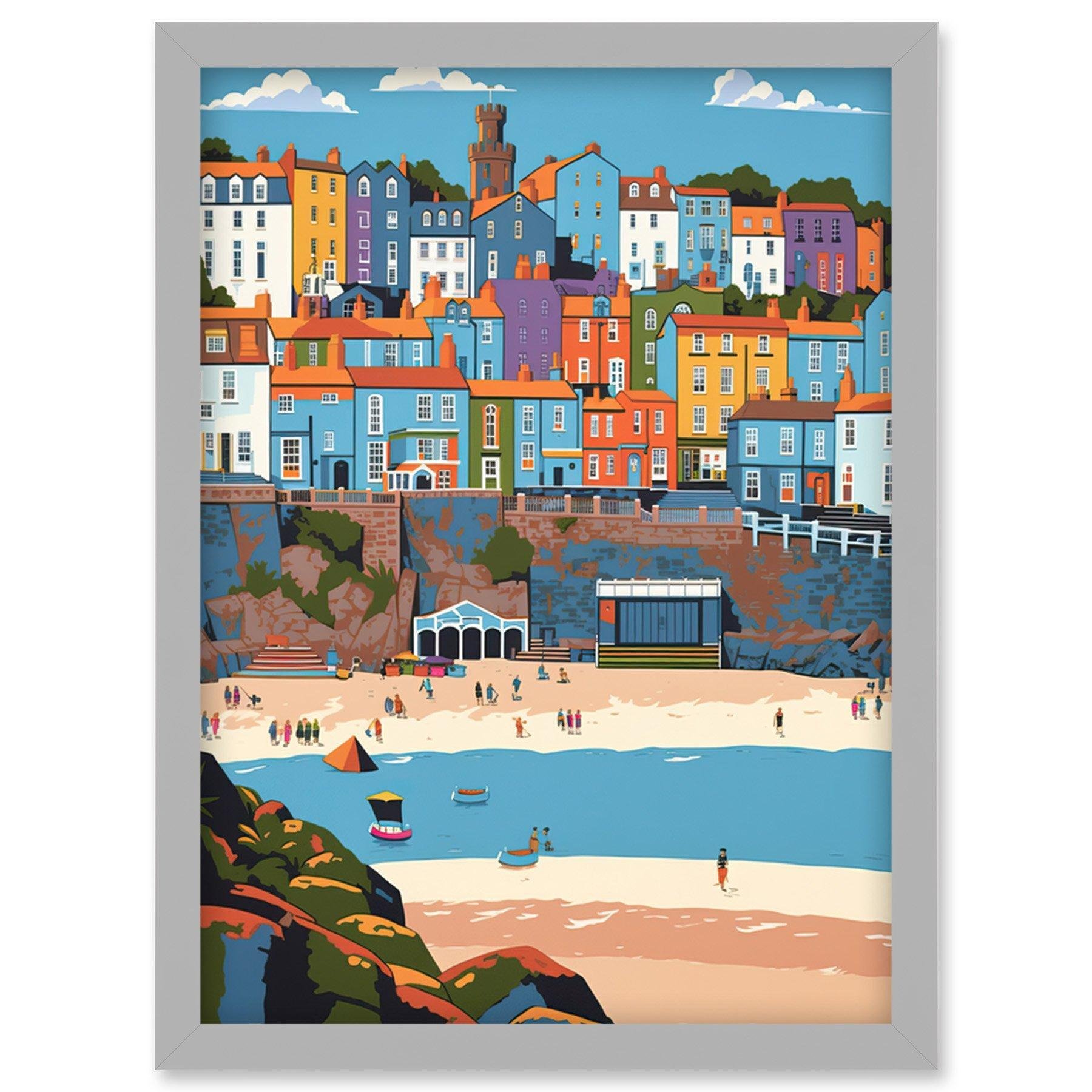 Tenby Castle Beach in Wales Colourful Townscape Artwork Framed Wall Art Print A4 - image 1