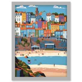 Tenby Castle Beach in Wales Colourful Townscape Artwork Framed Wall Art Print A4